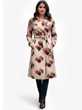 Adam Lippes Beige Floral Print Trench Coat, Womens Size XS